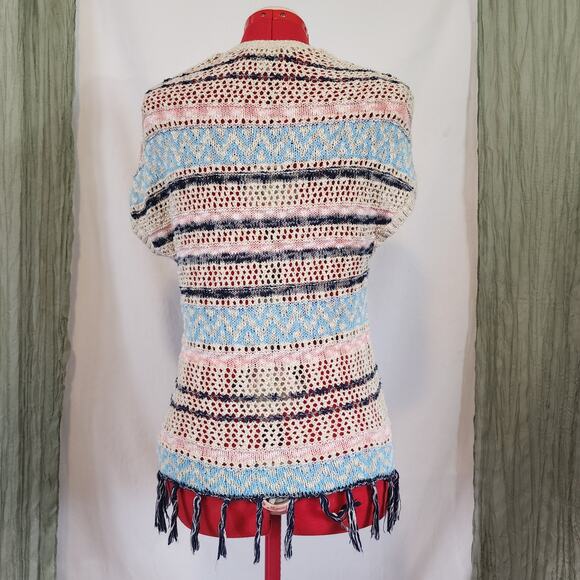 Justice Brown Open Weave Tassles‎ Gold Metallic Thread Boho Cardigan Size 8/10 - Picture 3 of 5